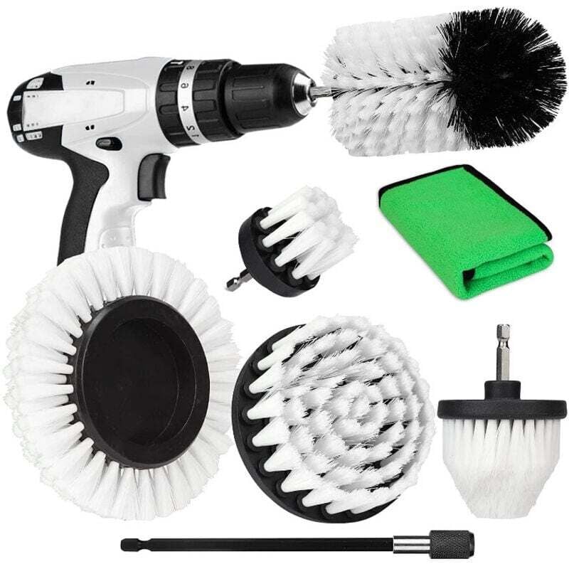 weiße Reinigungsbürsten mit weichen Borsten für Bohrmaschinen und Akkuschrauber. Bürsten zur Reinigung von Bad, Dusche, Küche und Keramik.
