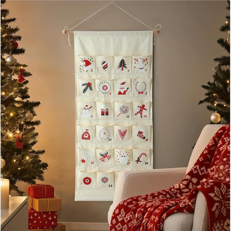 Weihnachten naht – Hängender Adventskalender aus Stoff – Aufbewahrungstasche für Weihnachten – Dekorativer Adventskalender