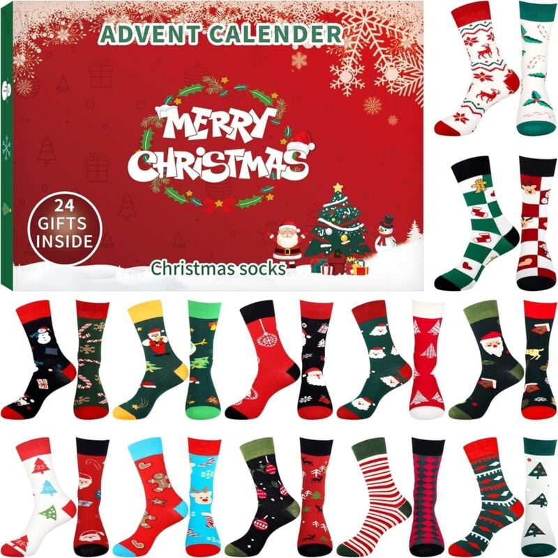 Weihnachts-Adventskalender-Socken, Weihnachtskalender, Weihnachtssocken, 12 Paar Weihnachtssocken mit 24 Countdown-Adventskalender-Boxen, lustige