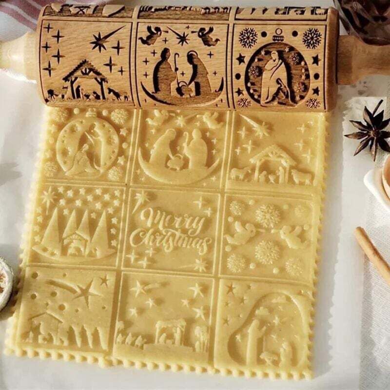 Weihnachts-Nudelholz aus Holz, 3D-Nudelholz aus Holz, mit 9 verschiedenen Motiven zum Backen von geprägten Plätzchen, graviertes Nudelholz zum Backen