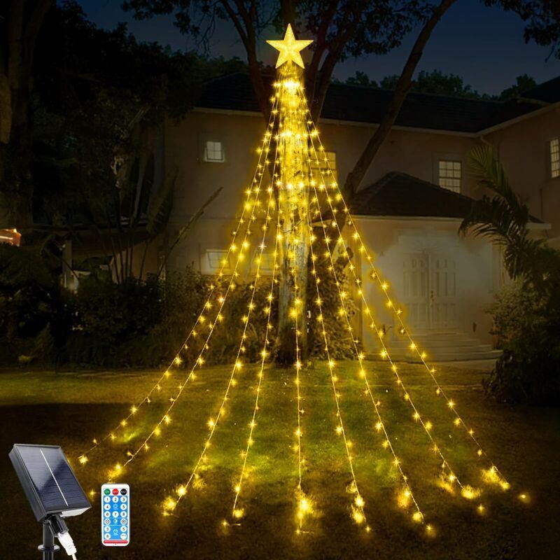 Weihnachtsbaum-Lichterkette, 9-teilig, 2 m lang, 198 LEDs, solarbetrieben, für drinnen und draußen, 8 Modi mit Fernbedienung