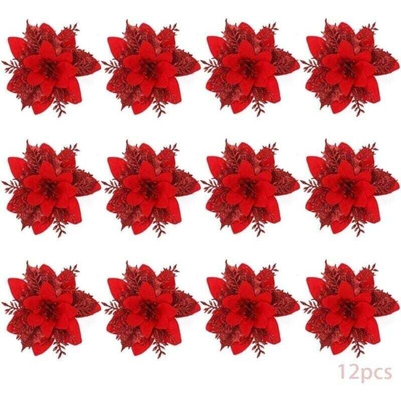 Weihnachtsblumen, 12 Glitzer-Weihnachtsblumen, Hohle Glitzer-Weihnachtsblumen, Poinsettie-Weihnachtsbaum-Kunstblumen-Dekoration, Ornament,
