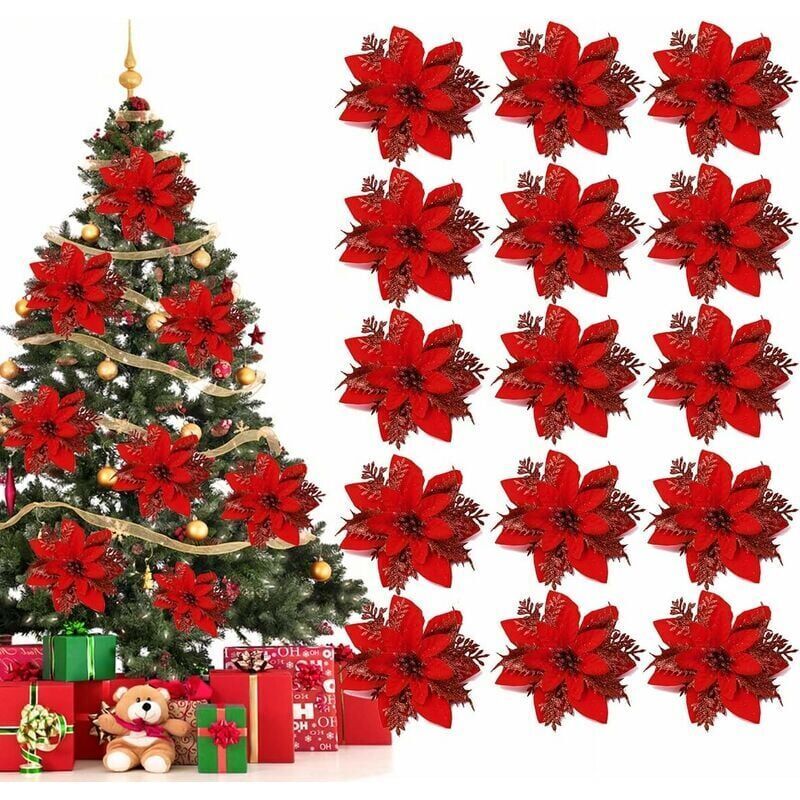Weihnachtsblumen, 15 Stück Weihnachtsbaumblumen, Weihnachtsbaumschmuck, künstliche Weihnachtssternblumen für Weihnachtsbaum-Geburtstagsfeier (rot)