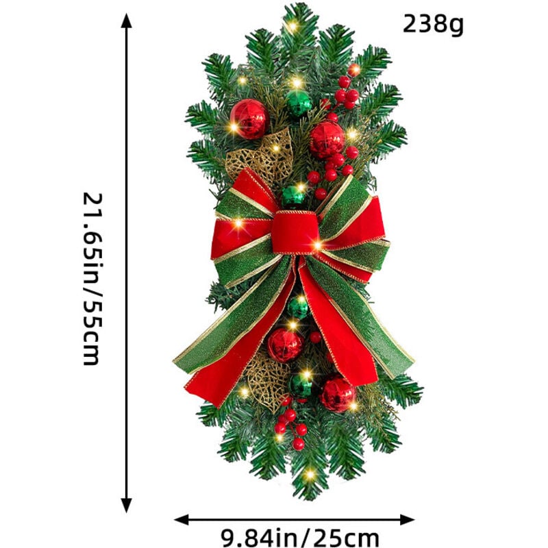 Weihnachtsdekorationen, Weihnachtskranz, Rattan-Türvorhang, Anhänger, LED, leuchtende Treppe, kopfüber, dekorativer Türvorhang (rot)