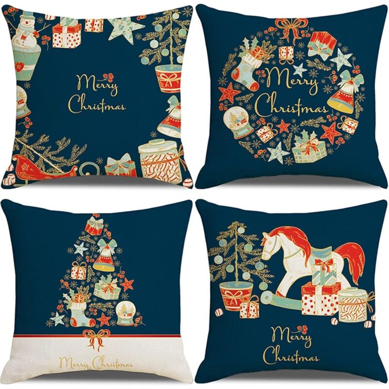 Weihnachtskissen-Set für Sofas, 4-teilig, 45 x 45 cm, blau, dekorative Kissenbezüge für Sofas, weihnachtliche Kissen für drinnen, weiche Kissenbezüge