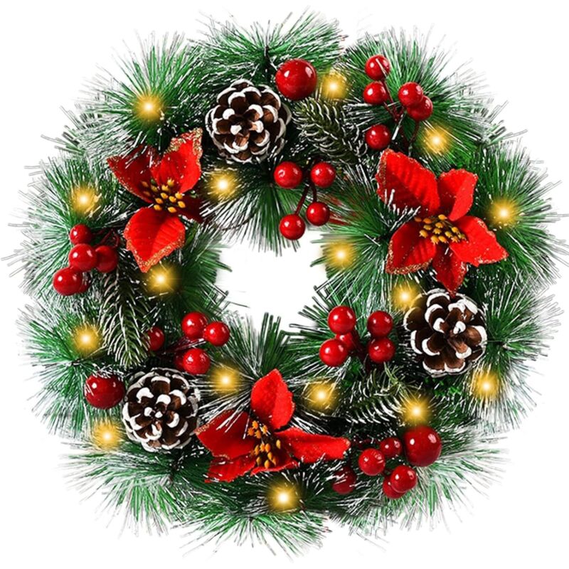 Weihnachtskranz, Durchmesser 30 cm, künstliche Weihnachtsgirlande, für die Dekoration der Haustür, Dekoration mit Schneeflocken, Tannenzapfen und