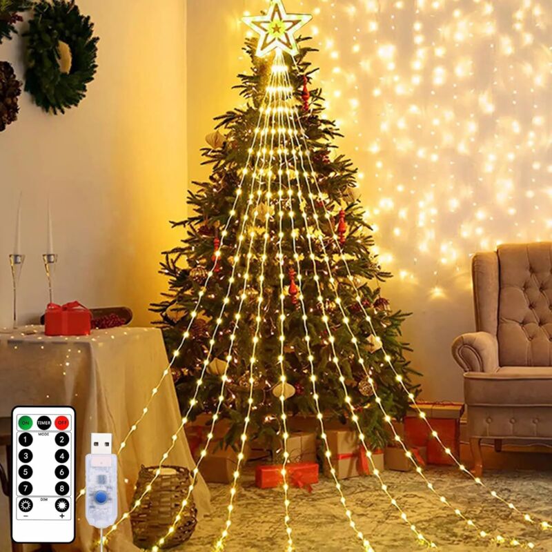 Weihnachtslichterkette mit Sternen, 2 m, 9 Stränge, 198 LEDs, kaskadenförmige Sternenlichterkette mit Fernbedienung, wasserdicht, Vorhänge mit
