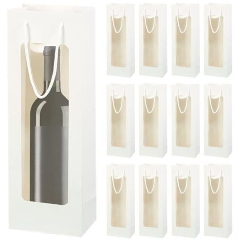 Weingeschenktüten, 12 Stück, 5 x 3 x 14, weiß, faltbare Weintüten aus Karton mit Griff und Sichtfenster für Geschenke, Blumen, Partygeschenke
