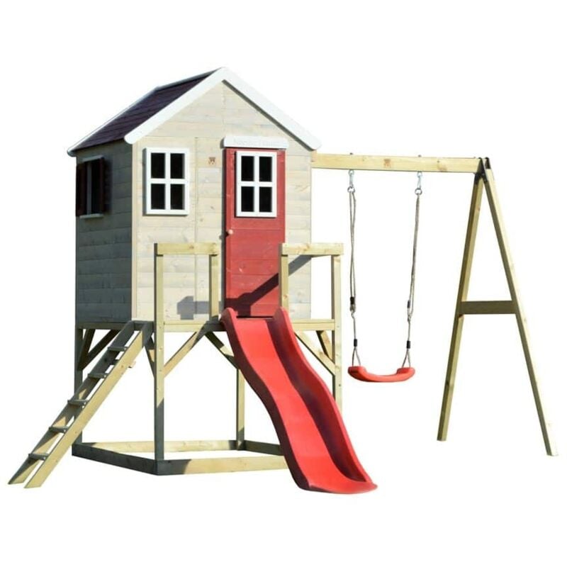 Wendi Toys - Kinderspielhaus, Stelzenhaus 'Elefant' mit Veranda, Schauckel und Rutsche, holz / rot