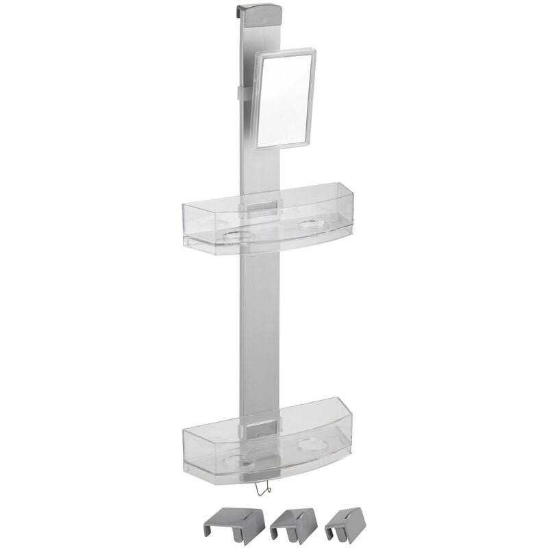 Duschcaddy Premium mit Antibeschlagspiegel, mit 2 Ablagen und Edelstahl-Haken, Silber matt, Aluminium silber matt, Kunststoff transparent - silber