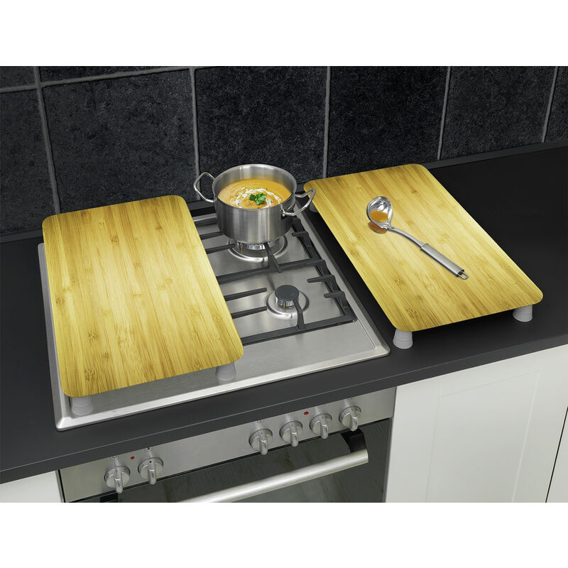 Maximex Herdabdeckplatte Universal Holz-Optik 2er Set, für alle Herdarten, Braun, Gehärtetes Glas braun, Kunststoff (tpe) hellgrau, Kunststoff