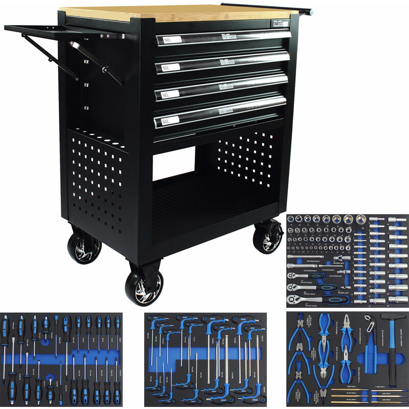 Werkstattwagen Werkzeugwagen 4 Schubladen bestückt schwarz Massivholz Platte Profi Compact