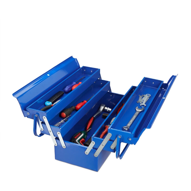 Werkzeugkoffer leer, 5 Fächer, mit Tragegriff, Metall, abschließbar, Werkzeugkasten, hbt 21 x 53 x 20 cm, blau - Relaxdays