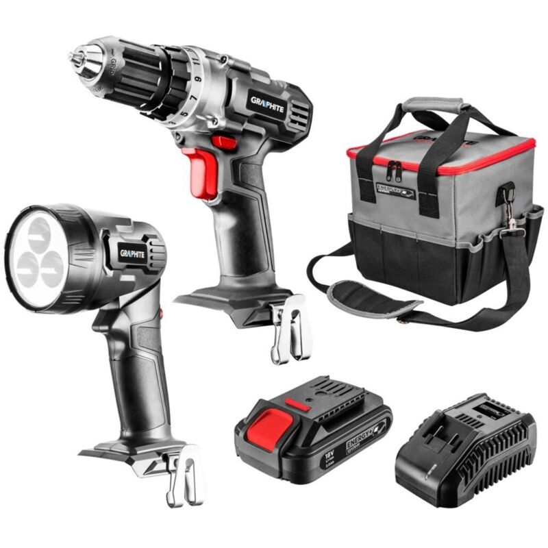 Akku-Elektrowerkzeug-Set: Bohrschrauber, Taschenlampe, Tasche, Energy+ 18V Akku, Li-Ion 2,0Ah, Ladegerät