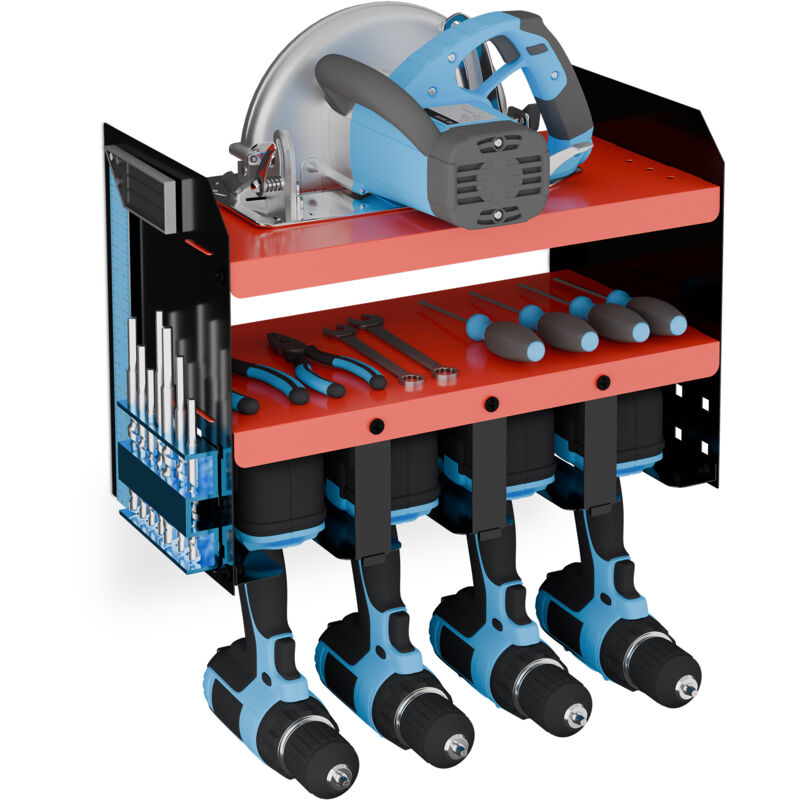 Werkzeugspeicher Wandhalterung, 4 Akkuschrauber, hbt: 30,5x44x23 cm, Werkstatt Organizer, Stahl, rot/schwarz - Relaxdays