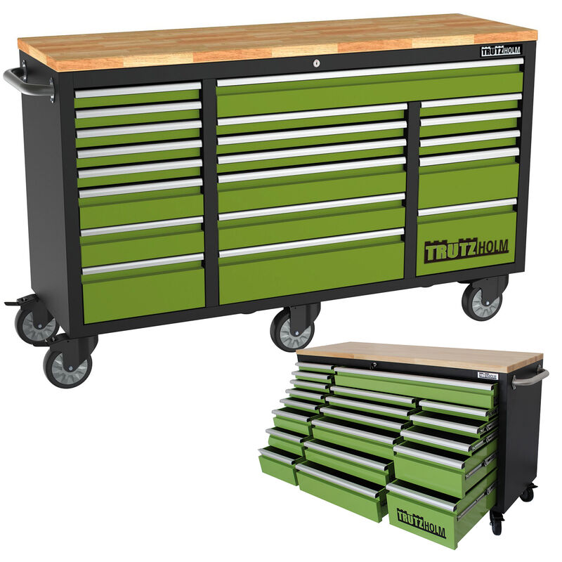 Baumarktplus - Werkstattwagen Deluxe xxl grün unbestückt 160x91 cm 20 Schubladen Werkbank Sideboard