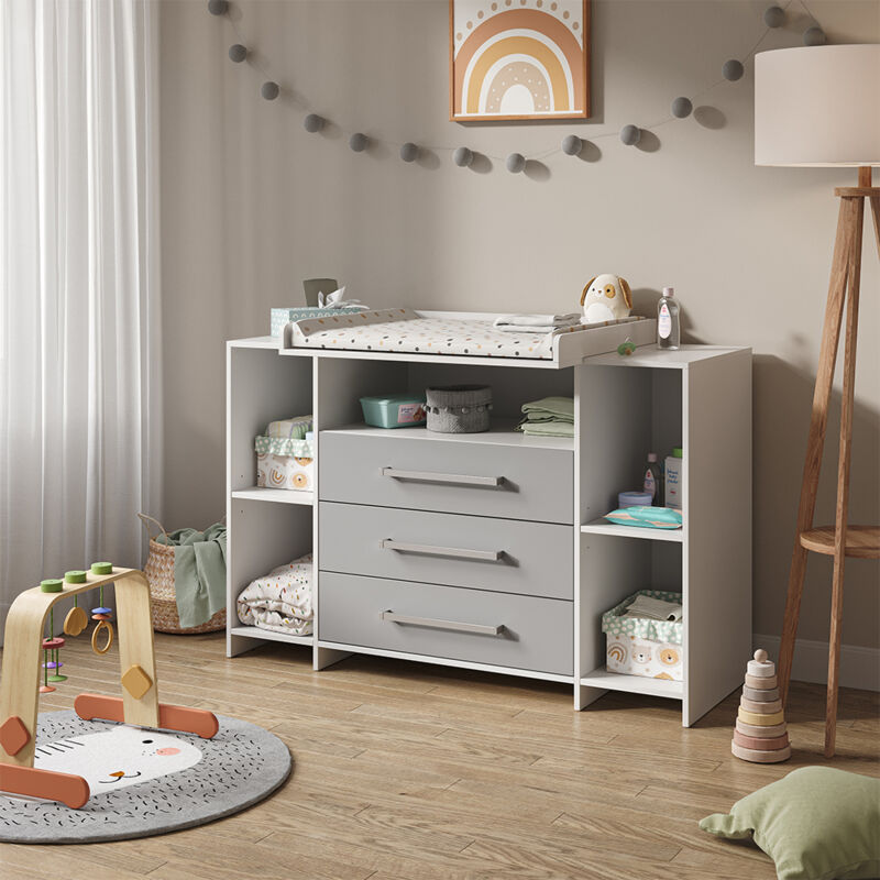 Vicco - Wickelkommode Oskar, Weiß/Grau, 143 x 100 cm xl mit Schubladen