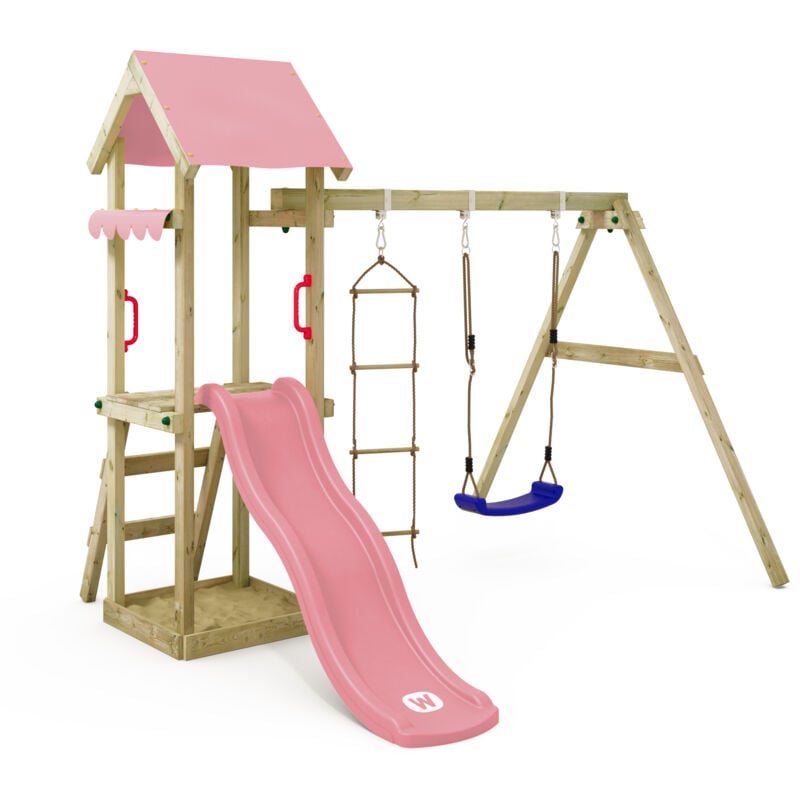 Spielturm Klettergerüst TinyCabin mit Schaukel & Rutsche, Kletterturm mit Sandkasten, Leiter & Spiel-Zubehör – Pastellpink - Wickey
