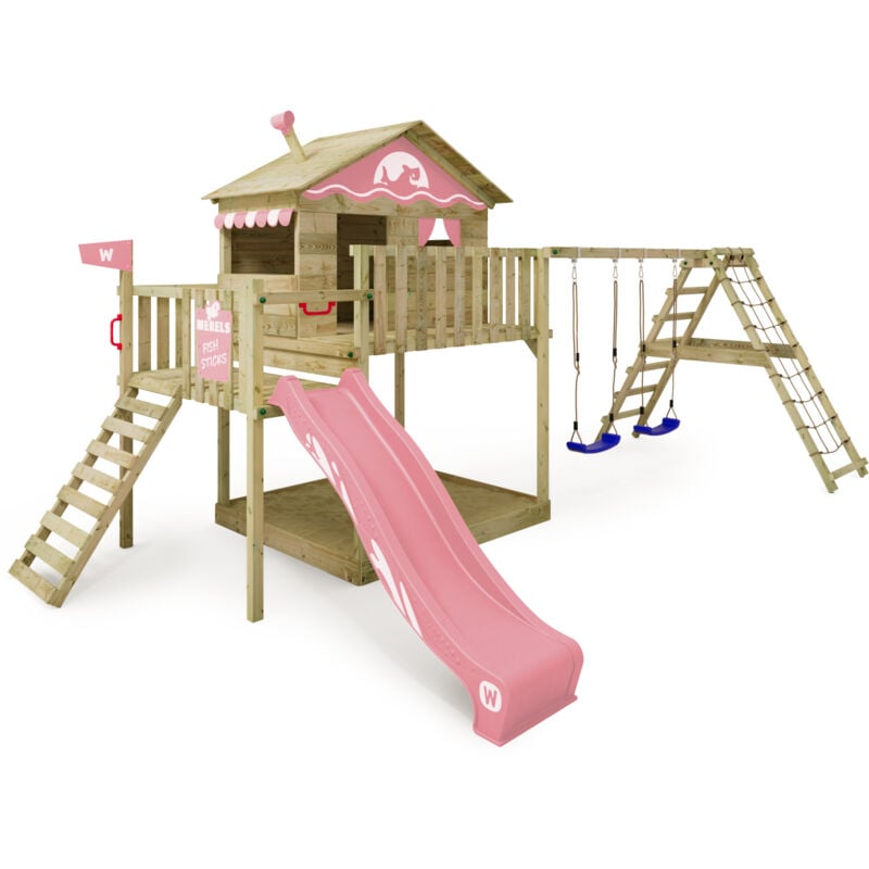 Spielturm Klettergerüst Smart Ocean mit Schaukel & Rutsche, Stelzenhaus mit Sandkasten, Kletterleiter & Spiel-Zubehör – Pastellpink - Wickey