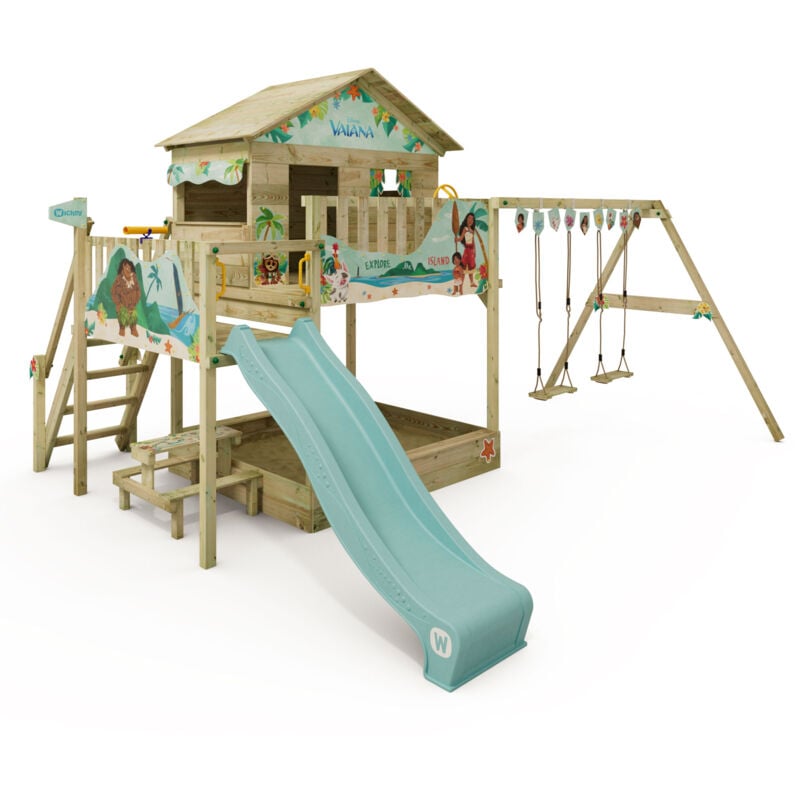 Spielturm Klettergerüst Disney Quest mit Schaukel & Rutsche, Stelzenhaus mit Sandkasten, Kletterleiter & Spiel-Zubehör - Vaiana - Wickey