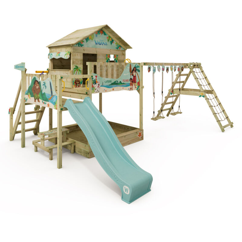 Spielturm Klettergerüst Disney Saga mit Schaukel & Rutsche, Stelzenhaus mit Sandkasten, Kletterleiter & Spiel-Zubehör - Vaiana - Wickey