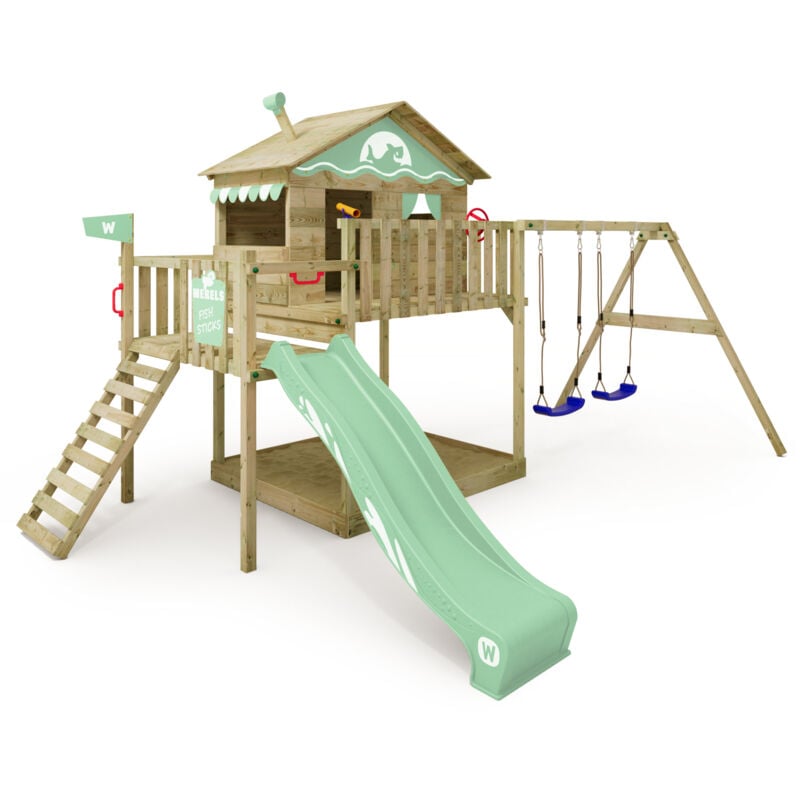 Spielturm Klettergerüst Smart Coast mit Schaukel & Rutsche, Stelzenhaus mit Sandkasten, Kletterleiter & Spiel-Zubehör - pastellgrün - Wickey