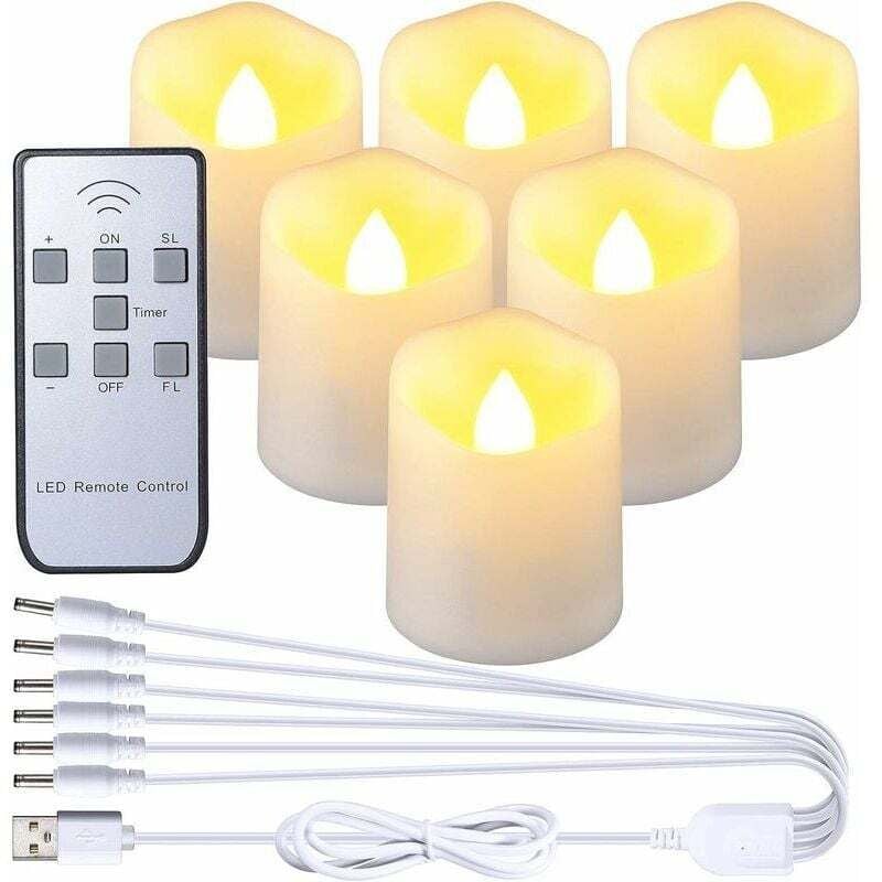 Wiederaufladbare LED-Kerzen, 6er-Set flammenlose Kerzen mit ferngesteuertem Teelicht und USB-Ladekabel