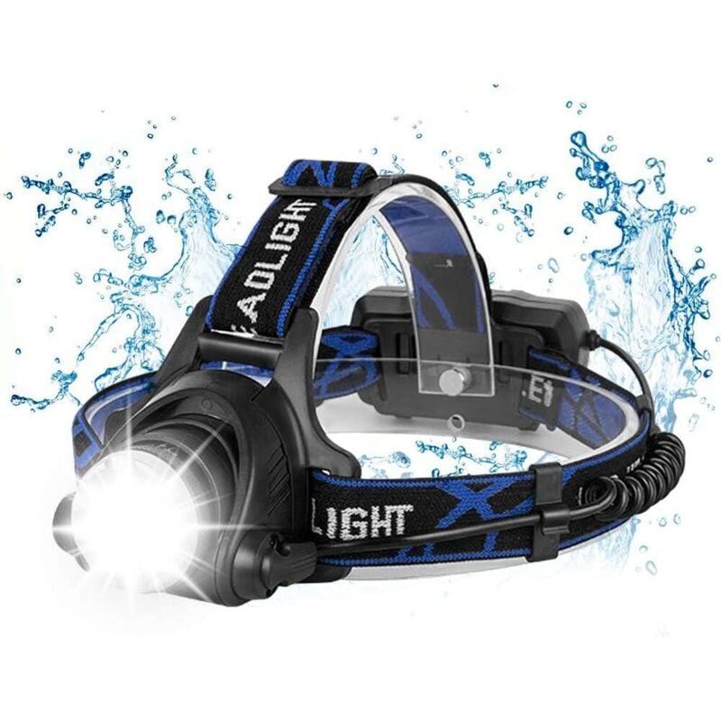 Wiederaufladbare LED-Stirnlampe, 10000 lm, 3 Beleuchtungsmodi, USB-Kabel, 2 x 18650 Batterien, Kontrollleuchte, für Camping, Angeln und Klettern
