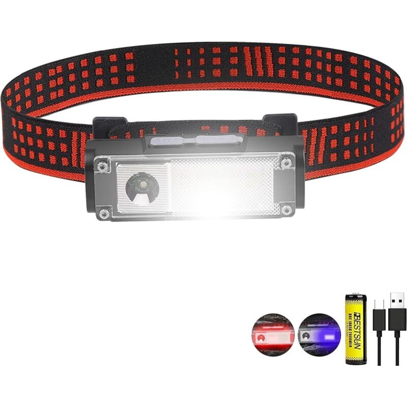 Wiederaufladbare LED-Stirnlampe, Stirnlampe mit 4 Beleuchtungsmodi, rotes und blaues Licht, wasserdicht, verstellbar, 60° drehbar, Angeln,