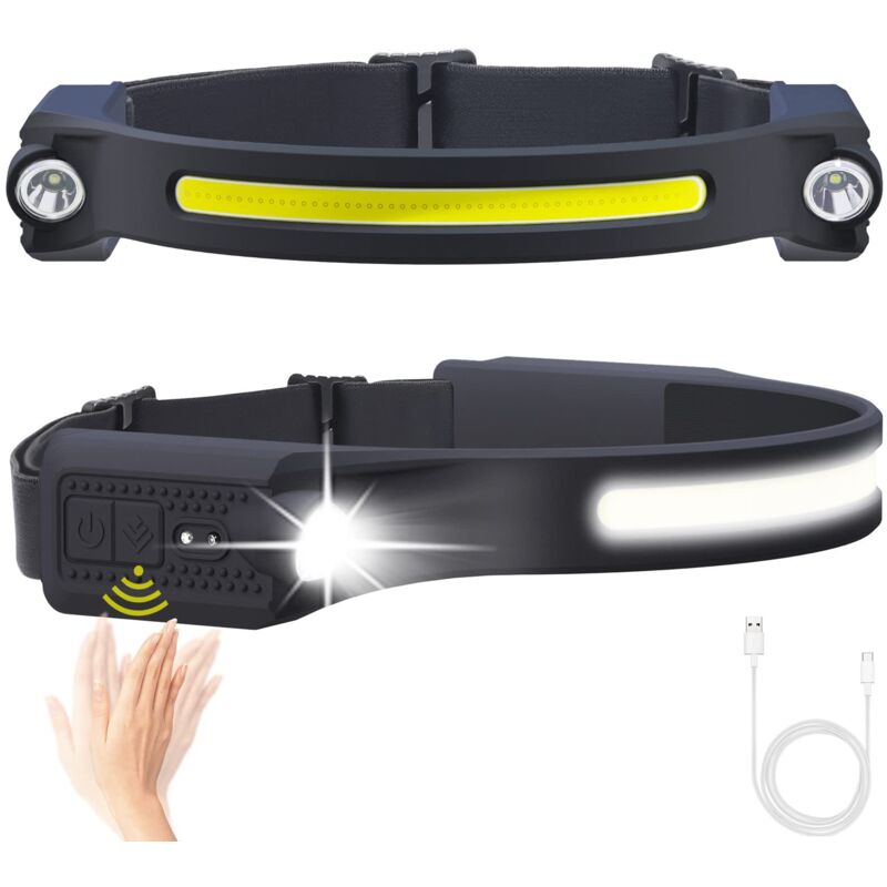 Coocheer - Wiederaufladbare LED-Stirnlampe, Stirnlampe mit 5 Modi, Bewegungssensor für Angeln, Camping, Wandern (260 Grad wasserdicht + usb c)