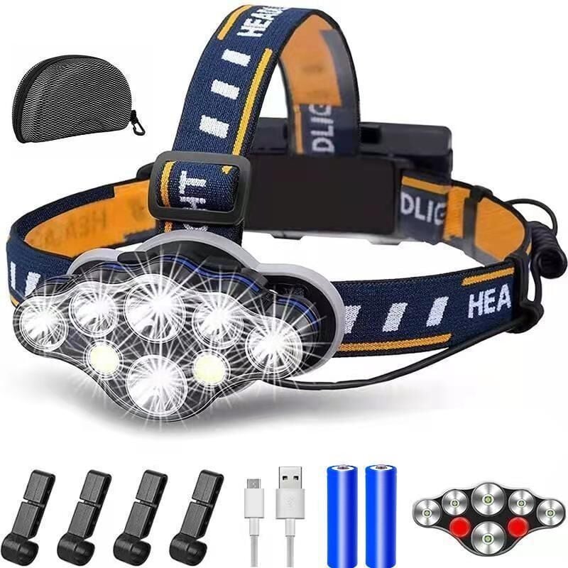 Wiederaufladbare LED-Stirnlampe, ultrastarke 8-LED-Stirnlampe mit 2000 Lumen, wasserdicht und leicht, perfekt für Camping, Angeln, Höhlenforschung,