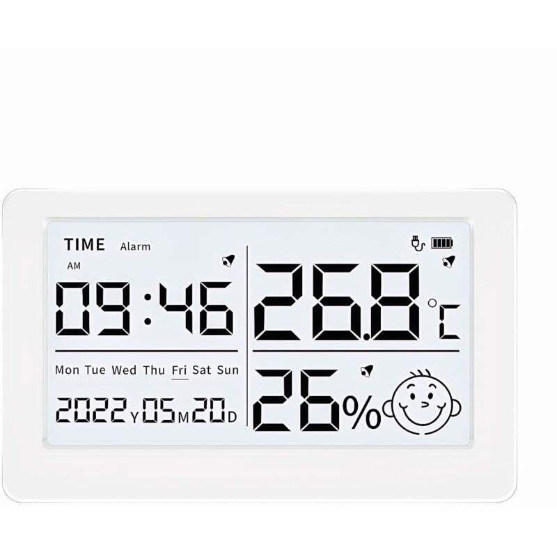 Wiederaufladbares digitales Hygrometer/Thermometer mit Wecker, Datumsanzeige und Komfortstufen-Symbolen für Zuhause und Kinderzimmer. Zur Wandmontage