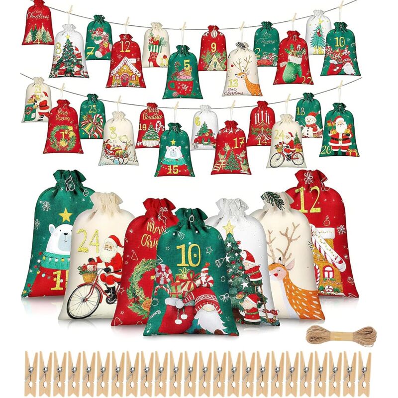 Wiederverwendbare Jutesäckchen mit Zahlen für den Weihnachts-Adventskalender, mit Kordel, ideal für den Adventskalender