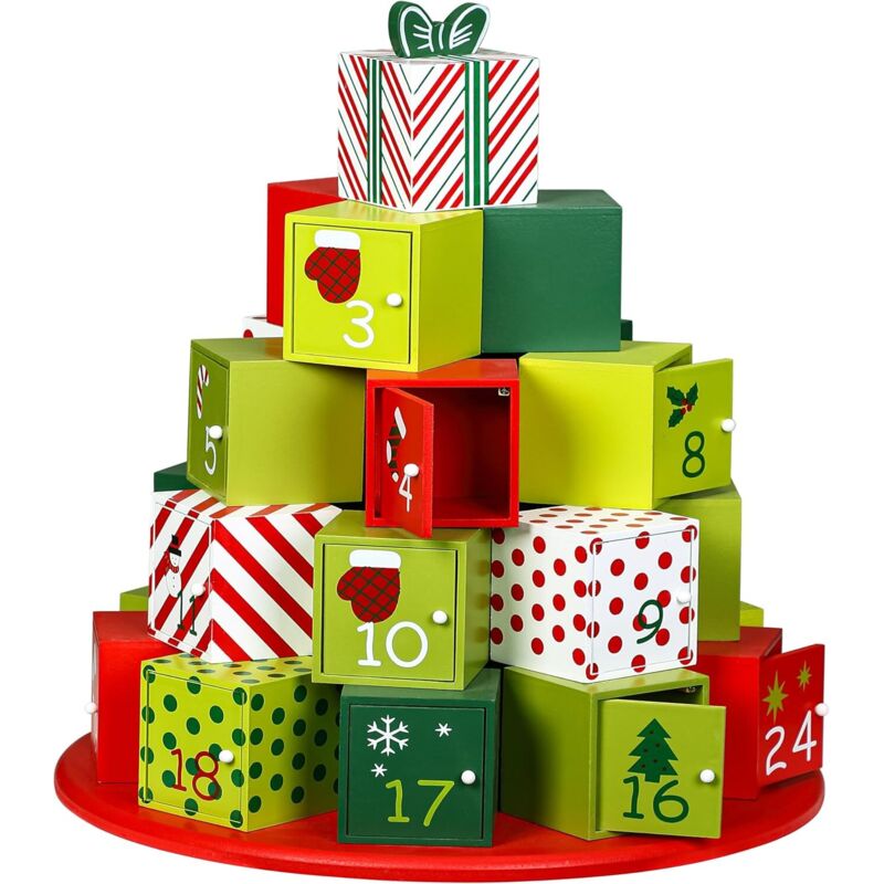 Wiederverwendbarer Adventskalender aus Holz „XXL Berg der Geschenke“ mit 24 Schubladen zum Befüllen. Individuelle Weihnachtsdekoration für Zuhause.