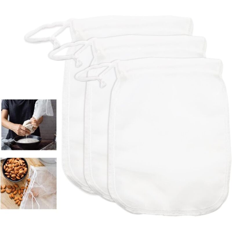 Wiederverwendbarer Pflanzenmilchbeutel, feinmaschiger Nylon-Filterbeutel für vegane Nussmilch, Mandelmilch, Fruchtsaft, Kaffee, Käse, Wein, 3 Größen