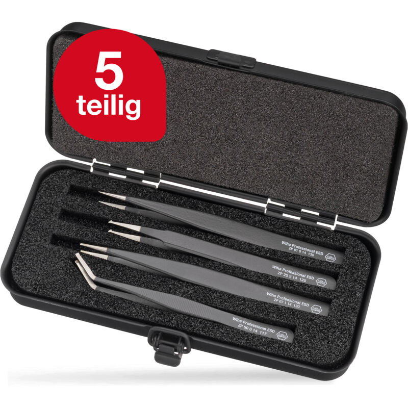 SMD-Pinzette Set Professional esd gemischt i 5-tlg. inkl. Aufbewahrungsbox i für elektronische Reparaturen i Präzisionspinzette (32349) - Wiha