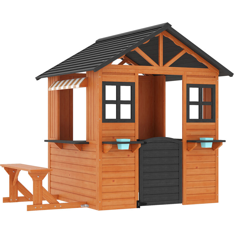 Wiltec Spielhaus für Kinder 178 x 126 x 158 cm aus Tannenholz, Kinderspielhaus für Outdoor, Gartenspielhaus mit Sitzbank und Blumentöpfe