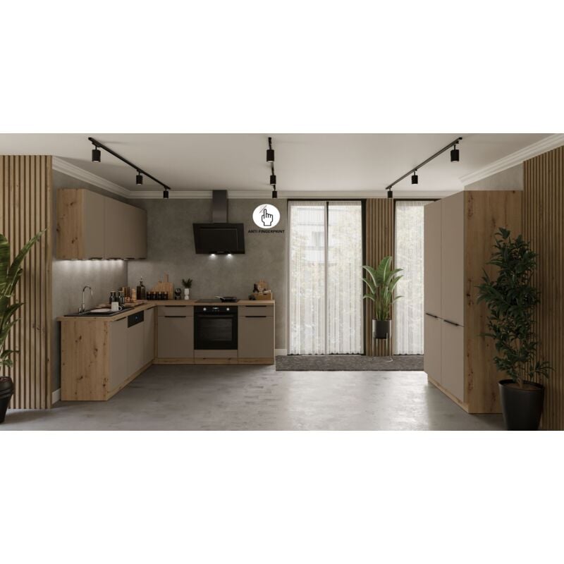 Winkelküche ARIA K-AR ECKE 1 - 215 x 220 &43 120 cm Anti Fingerprint Küchenzeile Küchenblock Singleküche Einbauküche Küche EckkücheSANDGRAU - AFM