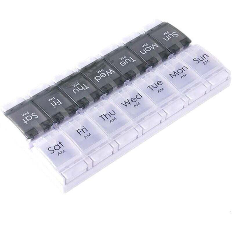 Wochen-Pillenbox – 7 Tage – Morgens & Abends – Pillendose für Medikamente & Vitamine, Push-to-Open – Schwarz/Weiß (2 Mal täglich)