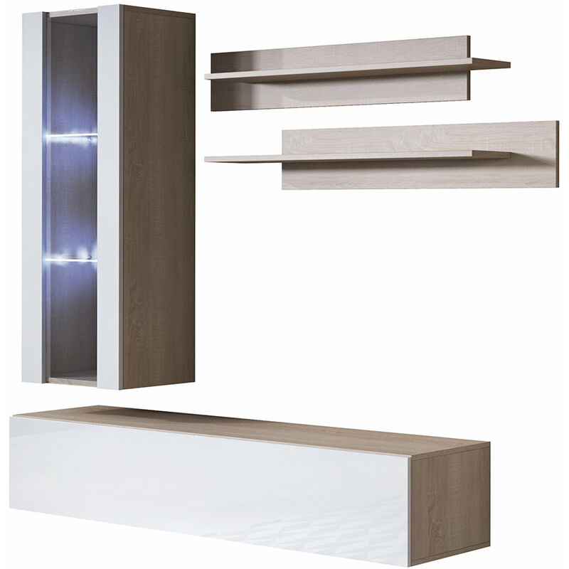 Wohnwand mit led Mediawand Möbel tv TV-Schrank Wohnzimmer Wohnmöbel Anbauwand Möbelkombination Hängend 160cm Luke 5E Sonoma Matt mit Weiß Glanz