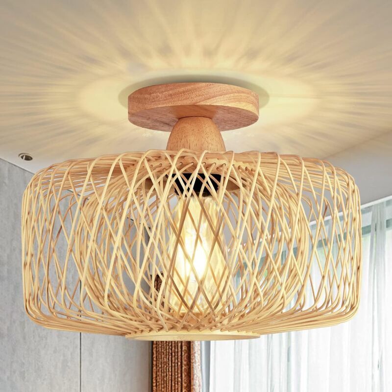 Wohnzimmer-Deckenleuchte, Vintage-Boho-Deckenleuchte mit Rattanschirm, rustikale Pendelleuchte für Schlafzimmer, Küche, Flur, Esstisch