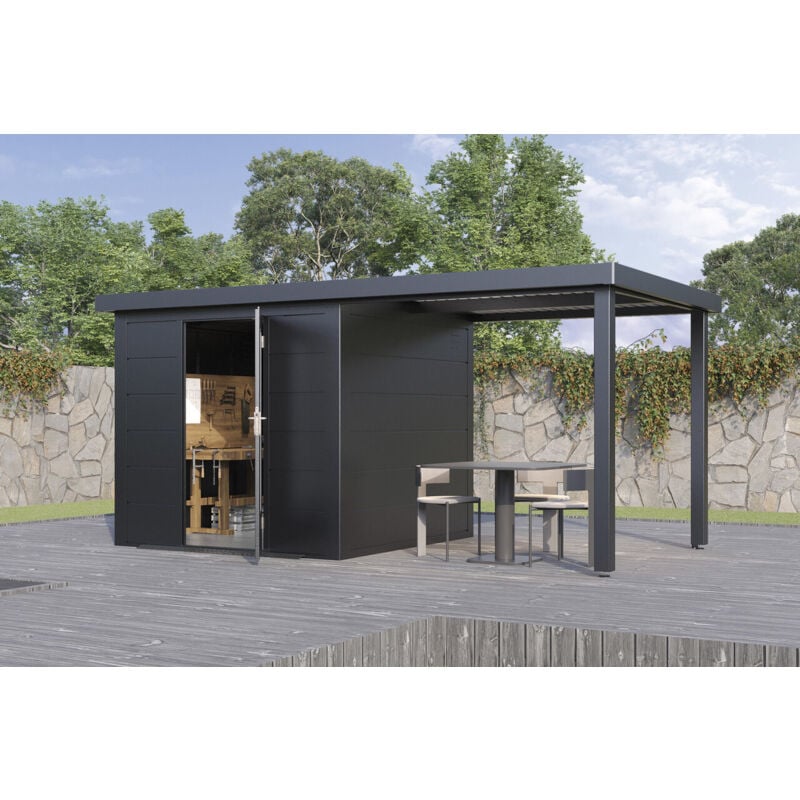 Wolff Finnhaus Metall-Gerätehaus Thorin 4824 Anthrazit Gerätehaus aus Metall in Anthrazitgrau, Geräteschrank mit 0,55 mm Wandstärke inklusive