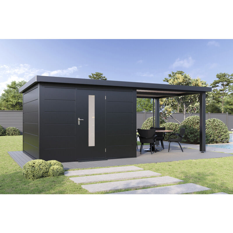 Wolff Finnhaus Metall-Gerätehaus Thorin 6030 Anthrazit Gerätehaus aus Metall in Anthrazitgrau, Geräteschrank mit 0,55 mm Wandstärke inklusive