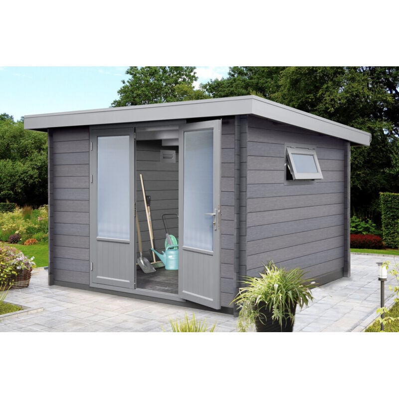 Wolff Finnhaus wpc Gerätehaus Bella 2924 28 Gerätehaus aus Holz/Kunststoff in Grau, Geräteschrank mit 28 mm Wandstärke Gartenhaus