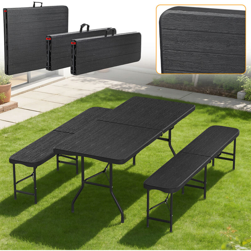 Wolketon Bierzeltgarnitur 3-tlg., Tisch+2 Bänke, klappbar, Holzoptik-Look Schwarz – 180 x 74 x 74 cm – Gartenmöbel-Set Festzeltgarnitur Sitzgarnitur