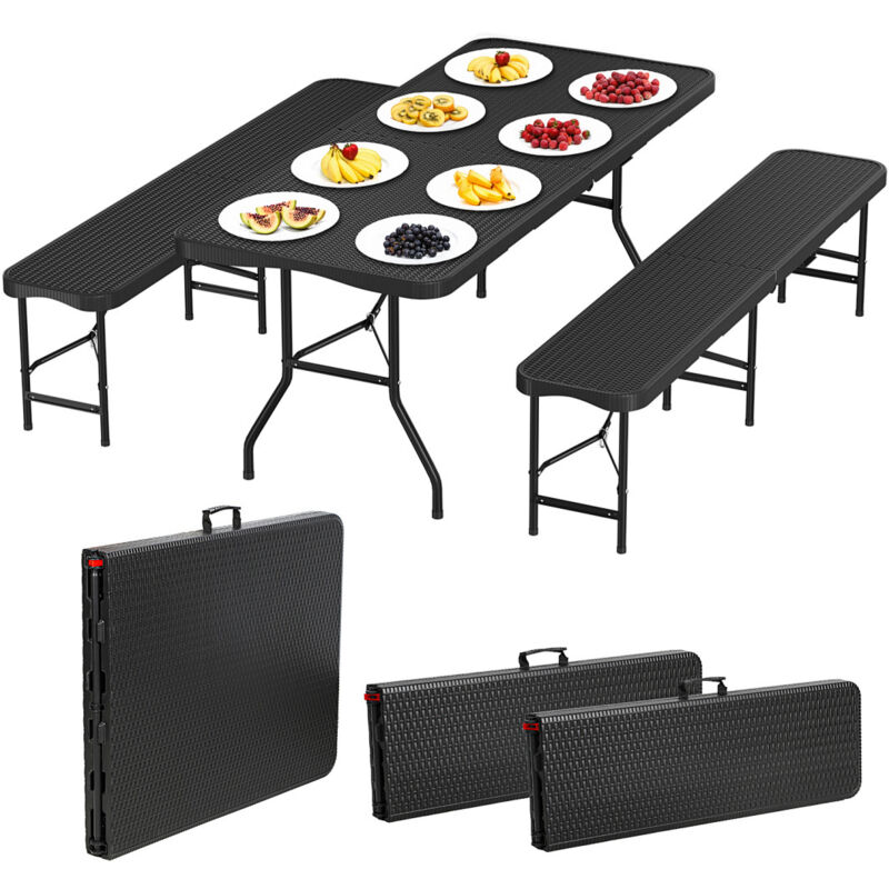 Wolketon Bierzeltgarnitur 3-tlg., Tisch+2 Bänke, klappbar, Rattan-Look Schwarz – 180 x 74 x 74 cm – Gartenmöbel-Set Festzeltgarnitur Sitzgarnitur