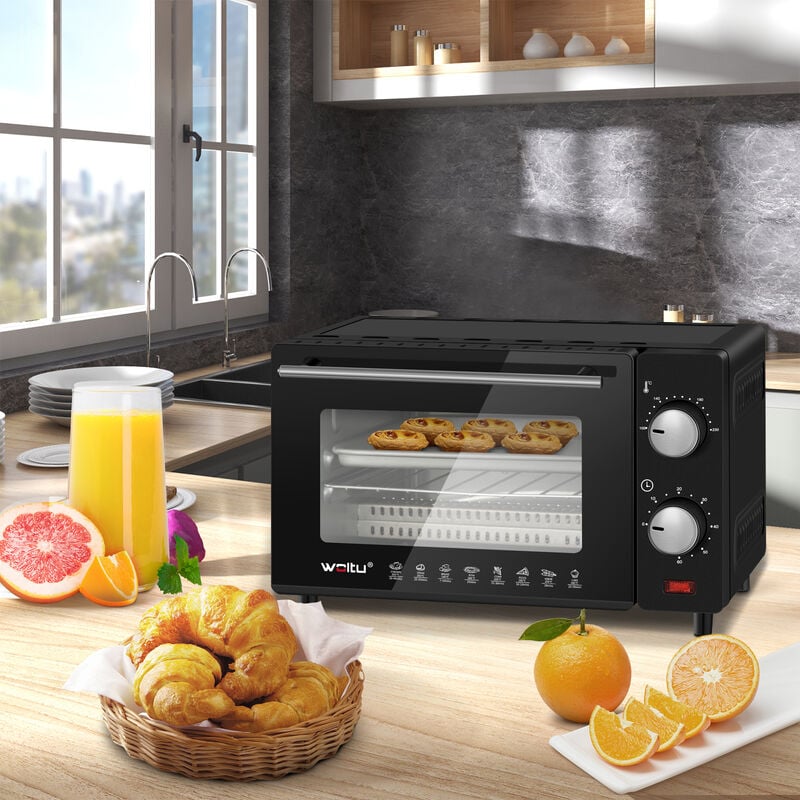 WOLTU 10 Liter Minibackofen, 650 Watt Pizzaofen Backblech mit Timer Toasterofen für Pizza, Toast, Truthahn schwarz