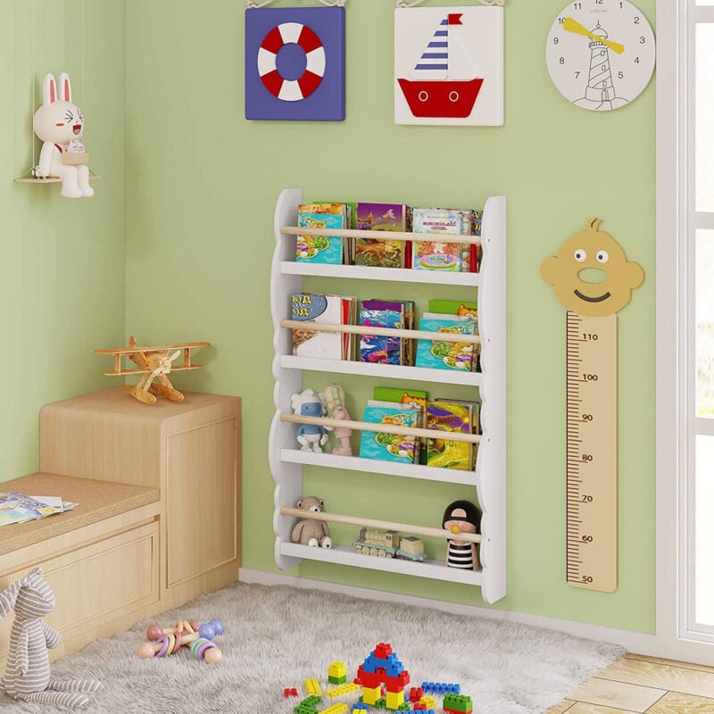 Kinder Bücherregal Wandregal, Bücher-Organizer mit 4 Ablagen, Kinderregal für Buchaufbewahrung, aus Kiefernholz E1 mdf, für Kinderzimmer Spielzimmer,