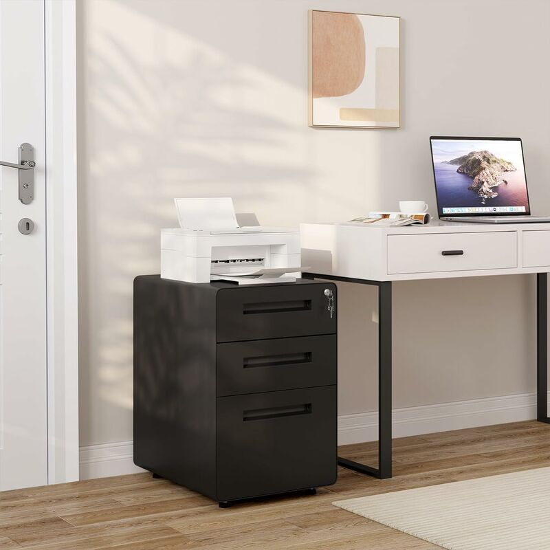 Rollcontainer Aktenschrank mit 3 Schubladen 5 Rollen Vormontiert Abschließbarer Metallschrank mit Hängeregistratu für Akten Schreibwaren schwarz