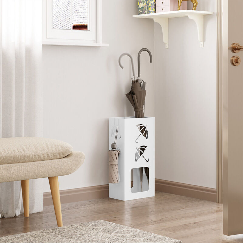 Schirmständer, Regenschirm Regenschirmständer 2 Slots, mit 4 Haken, quadratischer Regenschirmständer für Eingangsbereich, aus Metall, 25x49x15 cm,